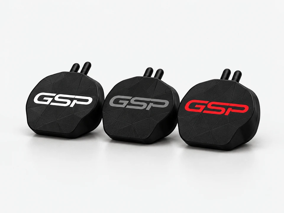 Illustration of three black GSP caps with white, gray and red logos