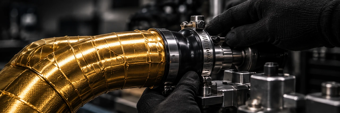 Process illustration: gloved hands assembling a gold-wrapped intake pipe and coupling